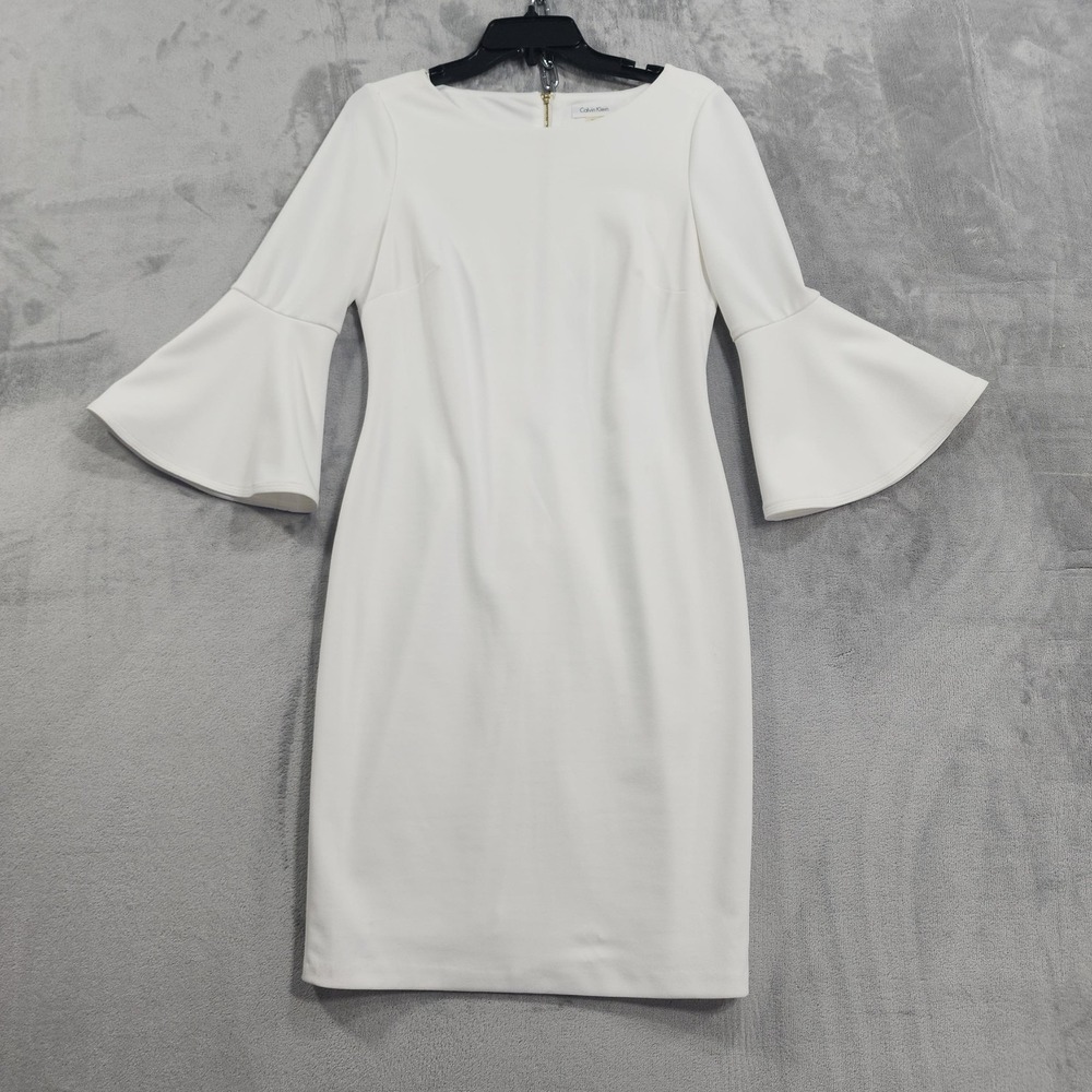 Calvin Klein Dress Women 10 White 3/4 Boat Neck Bell Sleeve Scuba Sheath Wedding
